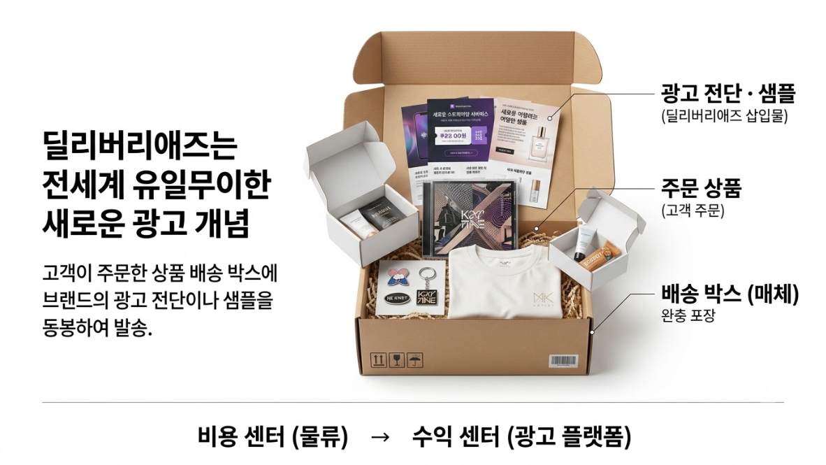 딜리버리애즈: 배송 박스에 광고 전단·샘플을 동봉하는 구조 (광고 전단·샘플 / 주문 상품 / 배송 박스)